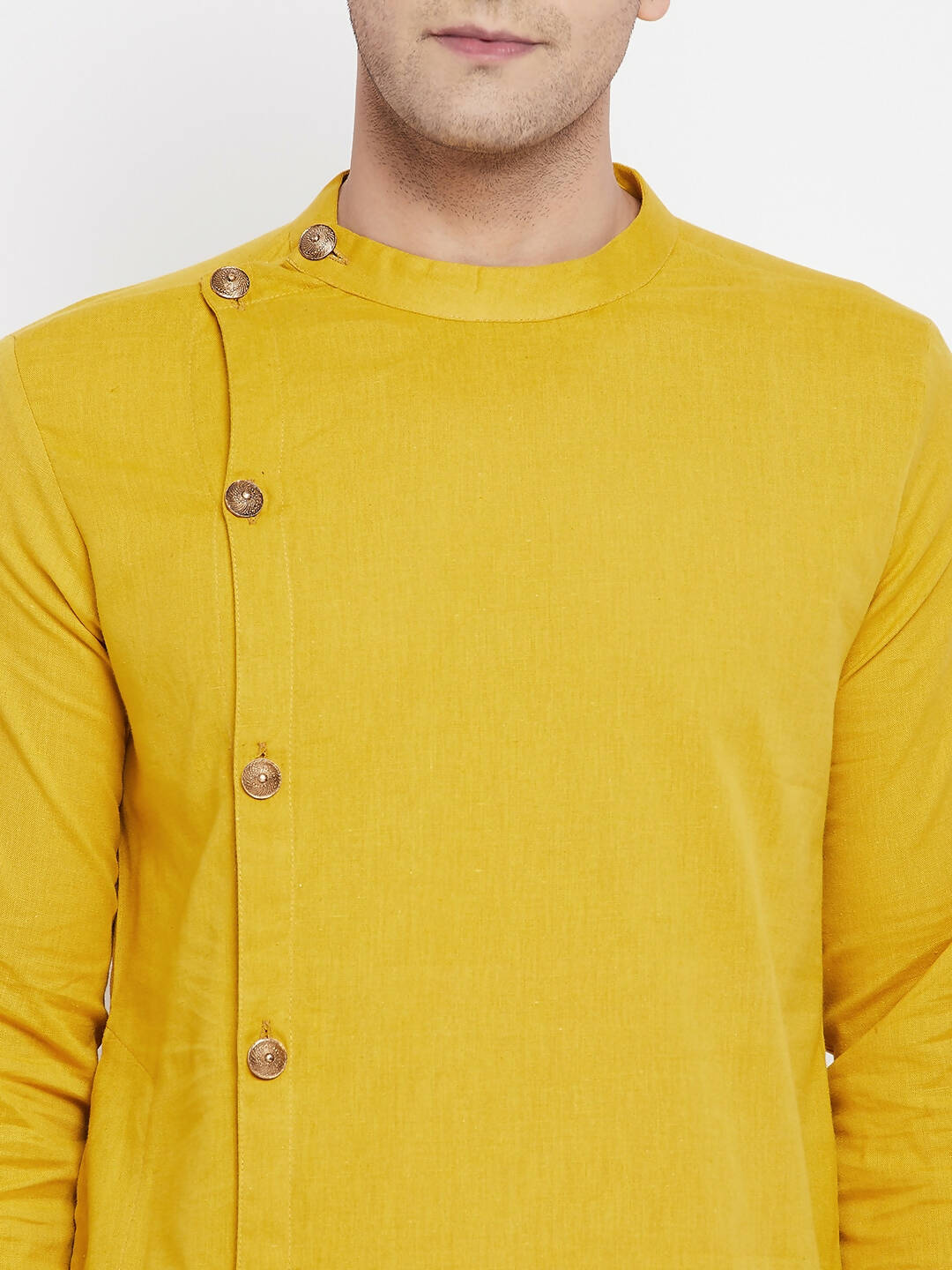 Even Apparels Yellow Pure Cotton Men's Sherwani Kurta With Asymetrical Cut | Swadesiicart