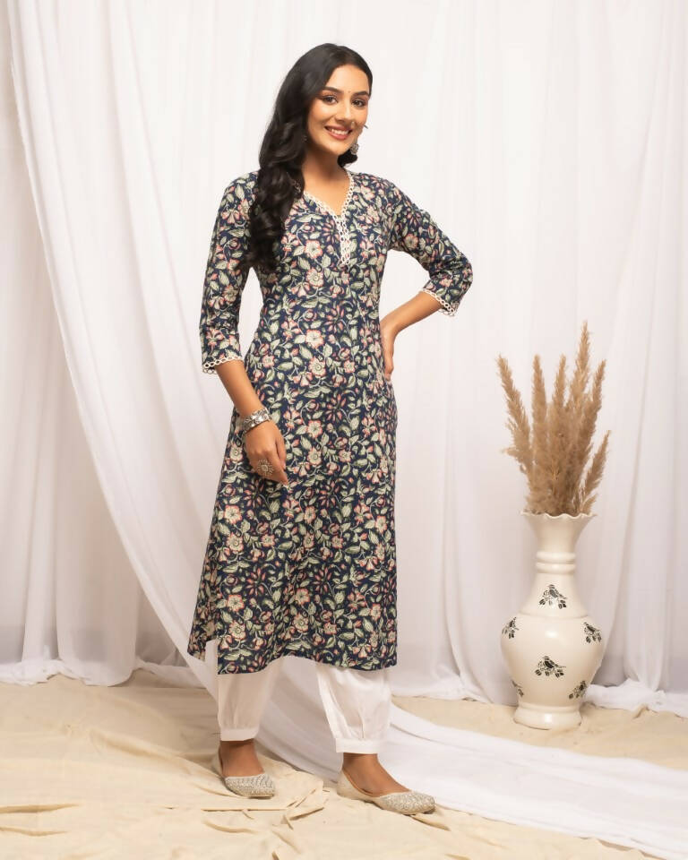 FIORRA Women's Floral Printed Blue Cotton Straight Kurta - Swadesiicart