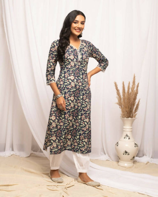 FIORRA Women's Floral Printed Blue Cotton Straight Kurta - Swadesiicart