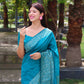 Vishnu Weaves Women's Firozi Handloom Raw Silk Woven Border Saree with Unstitched Blouse - Swadesiicart