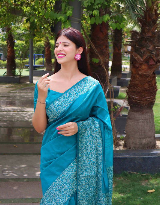 Vishnu Weaves Women's Firozi Handloom Raw Silk Woven Border Saree with Unstitched Blouse - Swadesiicart
