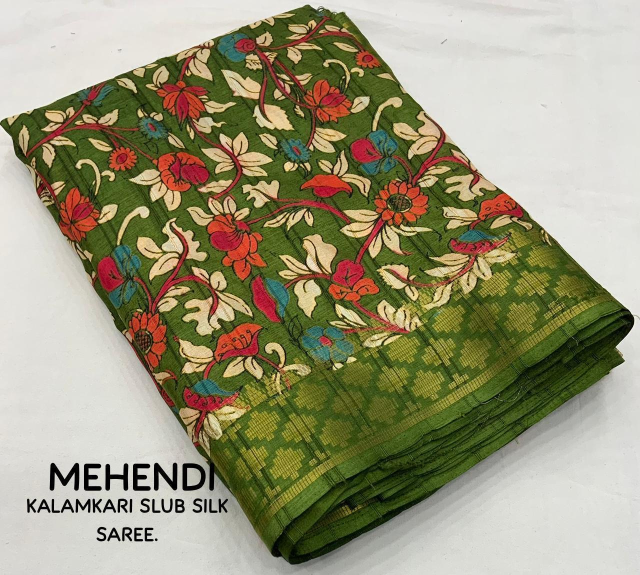 Mehndi Slub Silk Printed Saree with Unstitched Blouse - Hiral Fashion | Swadesiicart