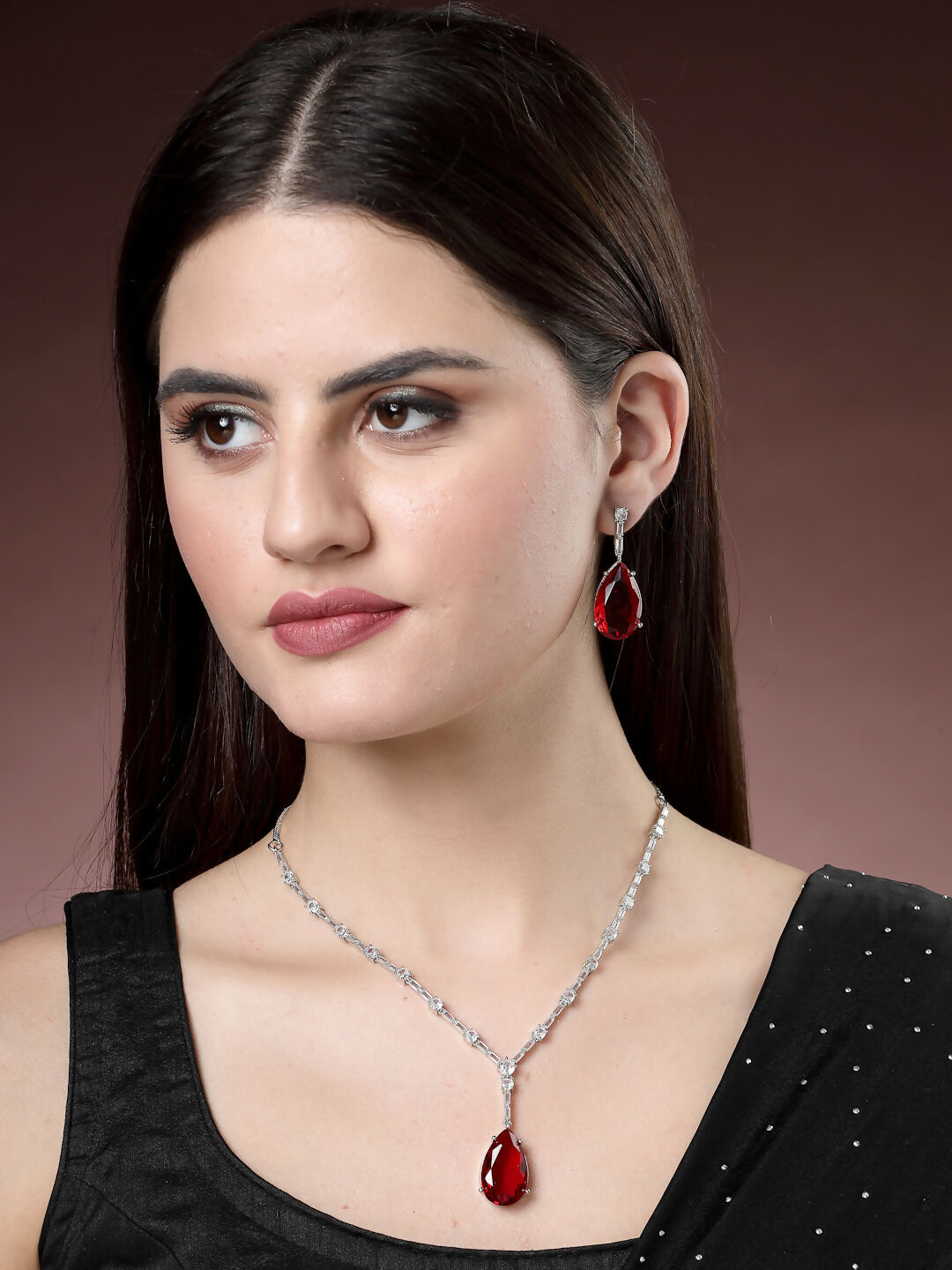 NVR Women's Silver-Plated Red Artificial Stones Studded Handcrafted Jewellery Set - Swadesiicart
