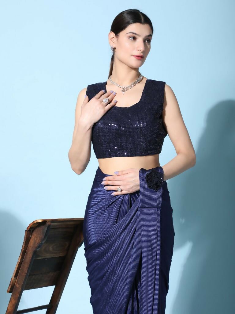 Blue Imported Crush Lycra Texture Pattern Ready to Wear Saree with stitched Blouse - Nirvana | Swadesiicart
