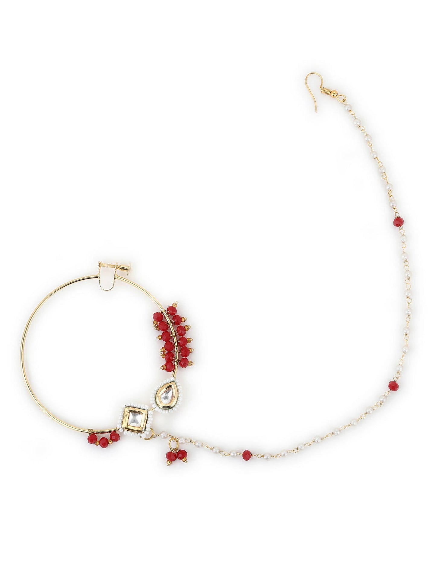 Gold-Polished White Red Stone-Studded Pearl Beaded Nosepin - Ruby Raang | Swadesiicart