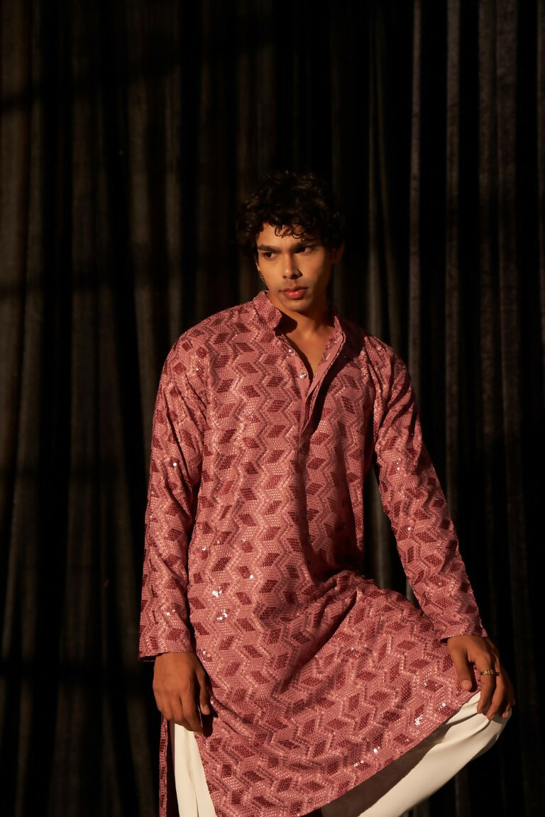 Pink viscose Chikankari Embroidery Work Men's Traditional Kurta Set - Mahotsav | Swadesiicart
