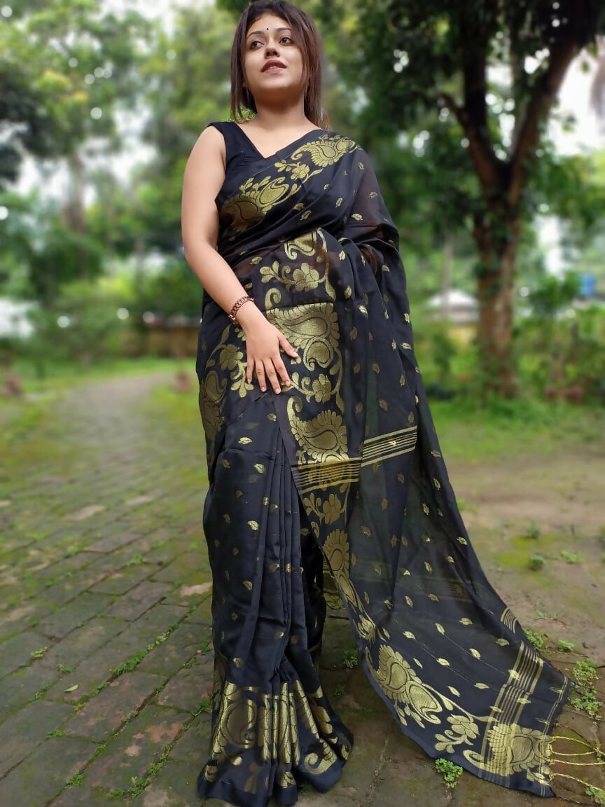 Exclusive Collection Black Beautiful Cotton Silk Saree - Swadesiicart