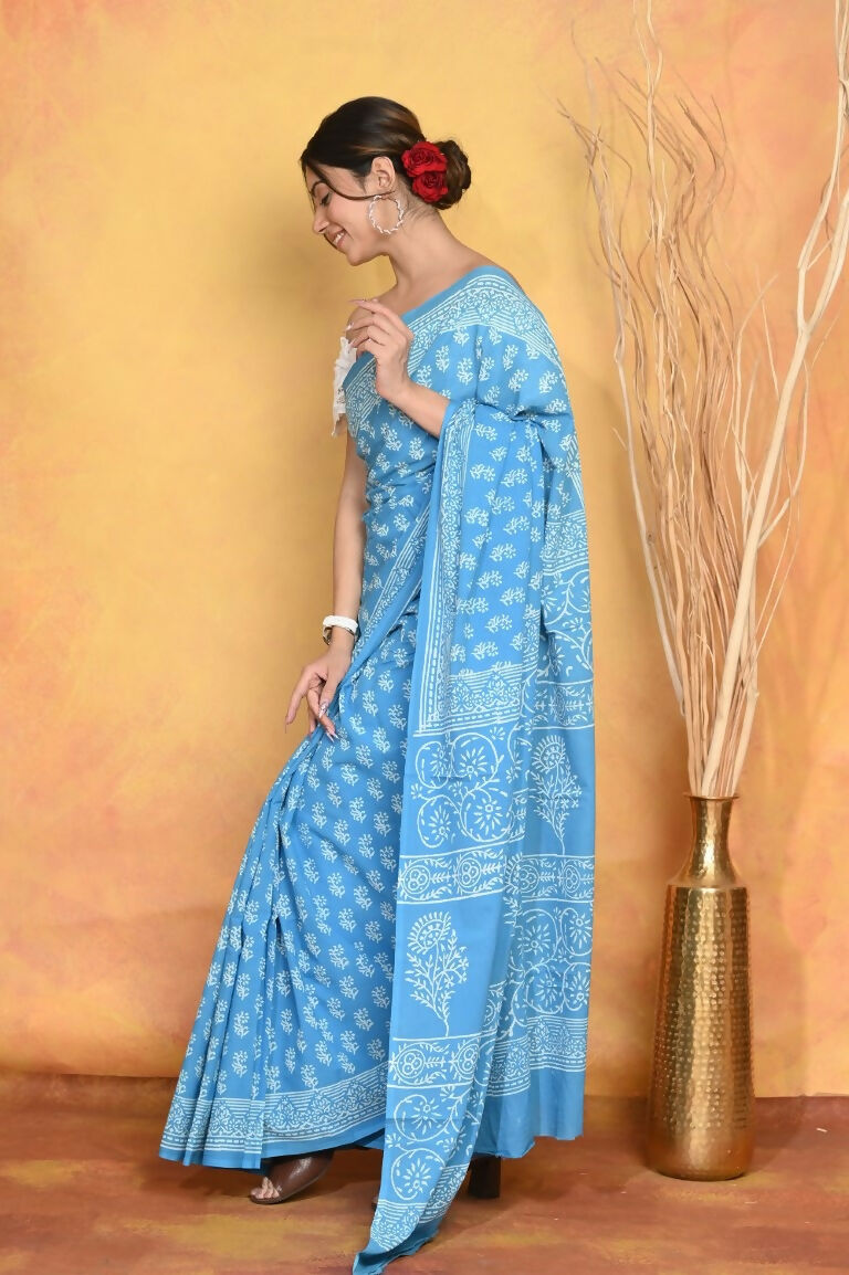 Very Much Indian Handblock Printed Cotton Saree With Natural Dyes - Sky Blue | Swadesiicart