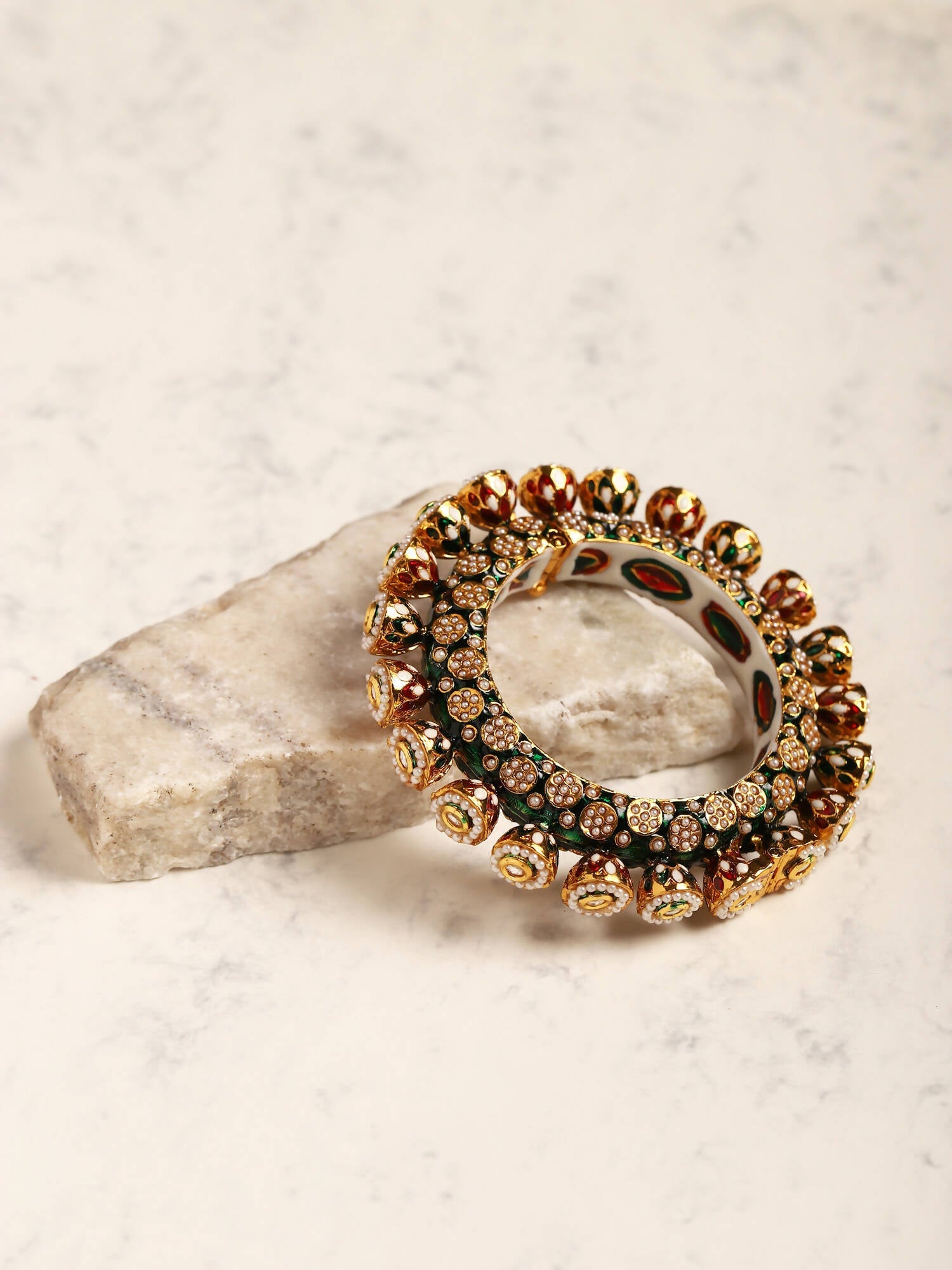 Gold-Polished Green Navratan Meenakari Bangle - Ruby Raang - Swadesiicart