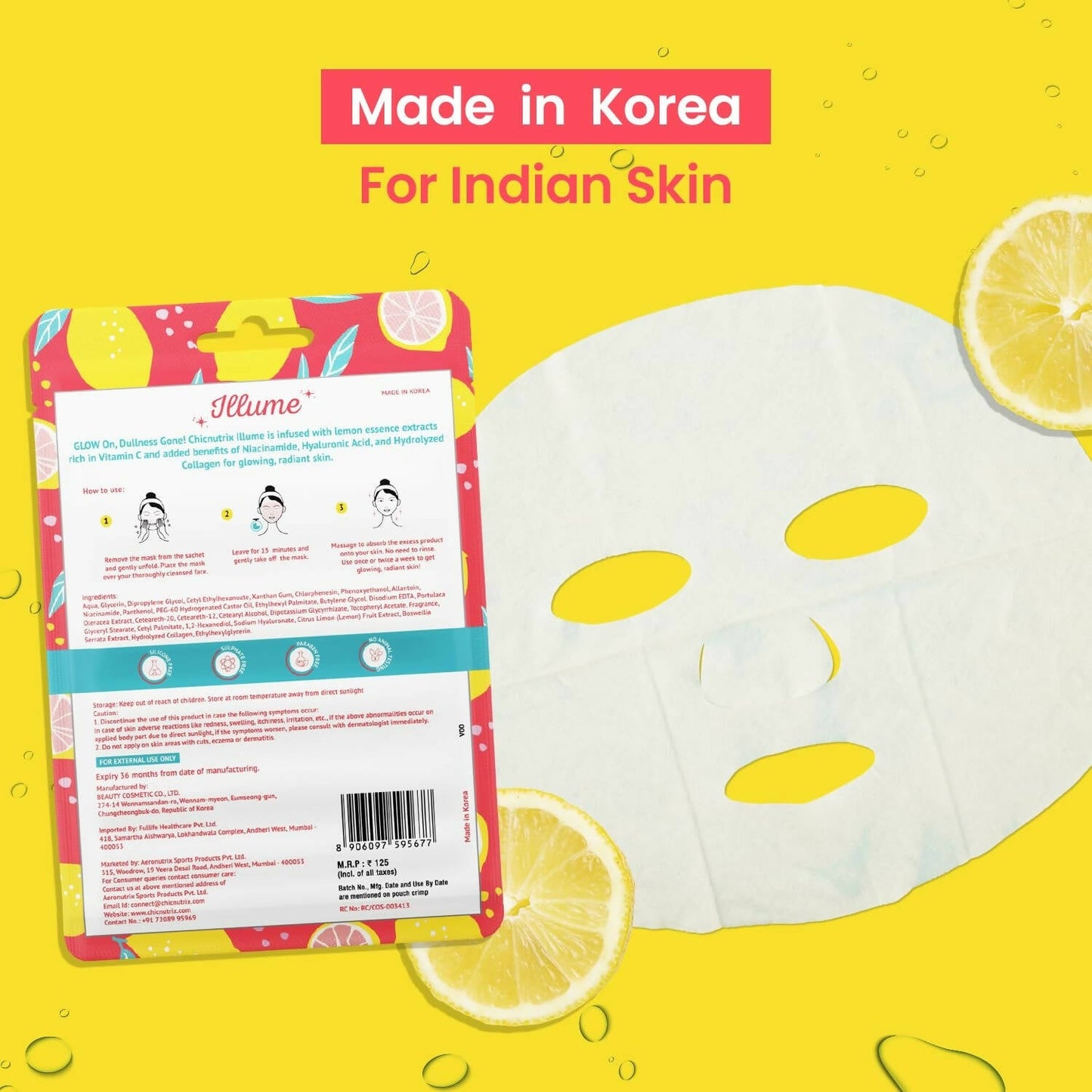 Chicnutrix Korean Illume Face Sheet Mask Infused With Lemon Essence Rich In Vitamin C Radiant and Glowing Skin, Korean Skincare - Swadesiicart