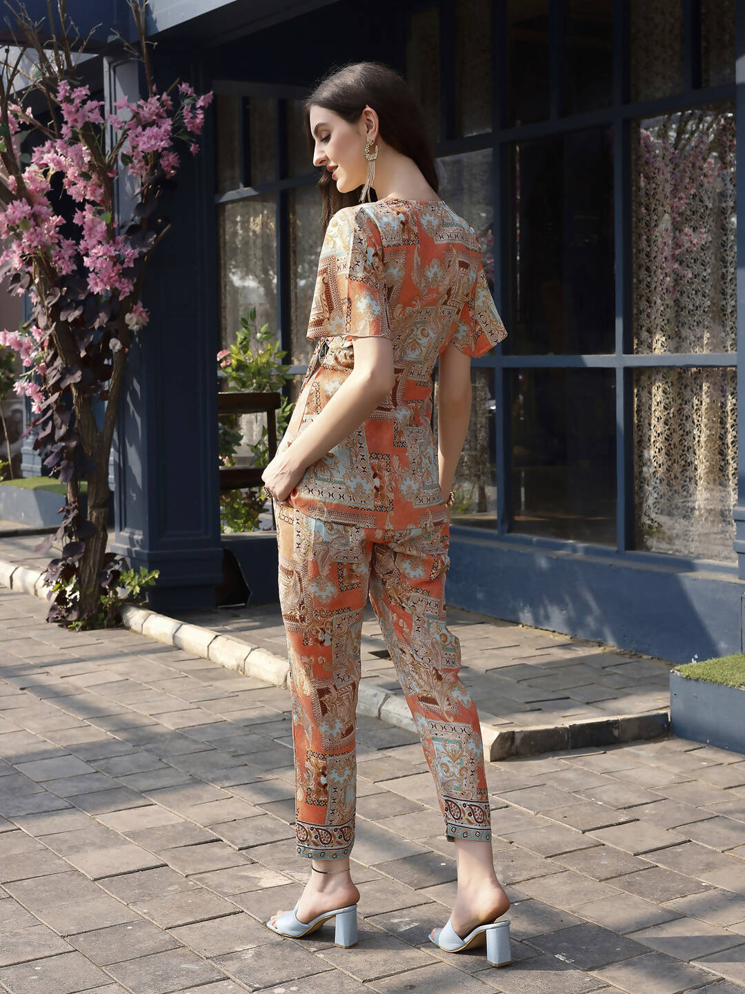 Orange Rayon Paisley Printed Top with Matching Bottom - Eesha - Swadesiicart