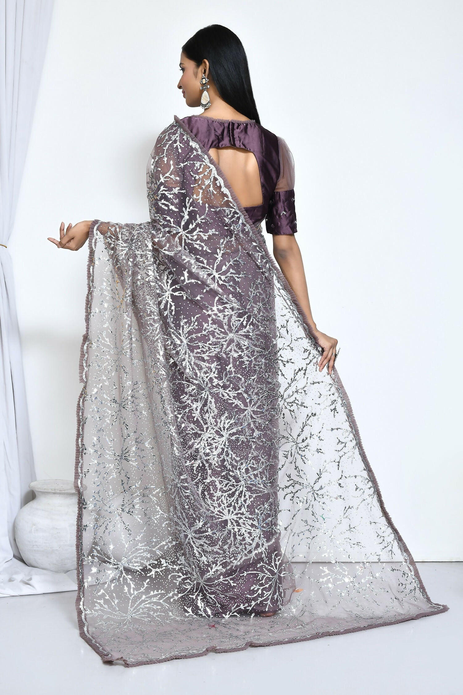 Brown Net Sequence Embroidered Festive Saree - Nimaya Denzy