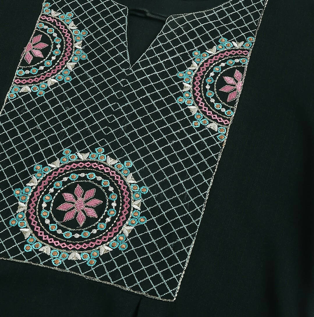 Green Rayon Yoke Embroidered A-line Top - Tarini - Swadesiicart