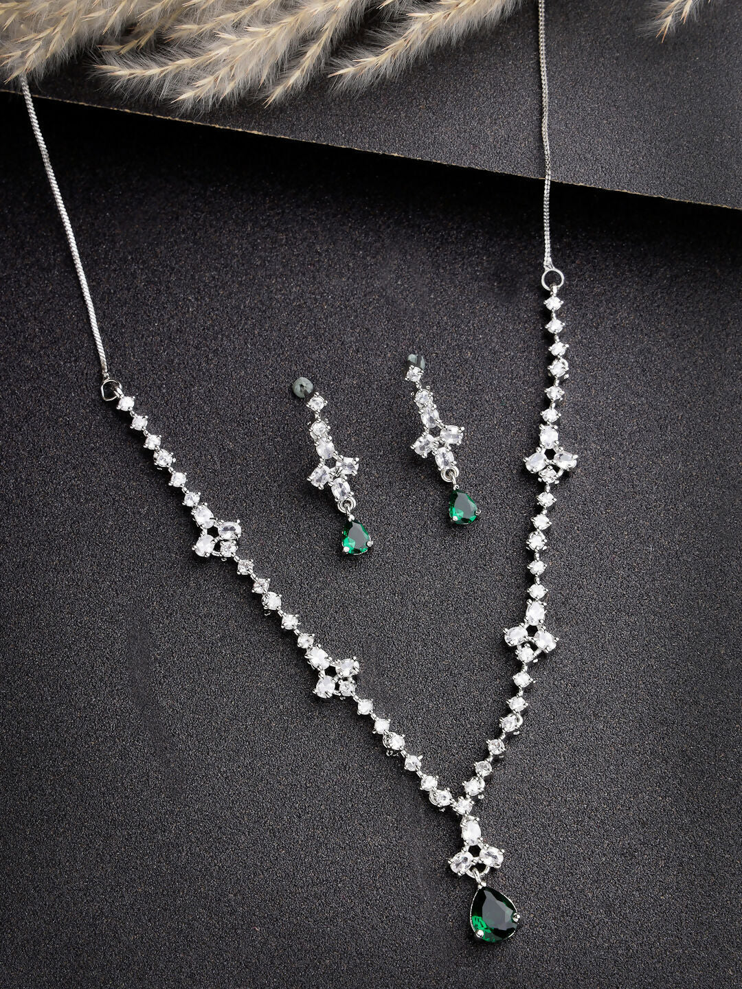 NVR Women's Silver-Plated Green American Diamond Studded Jewellery Set - Swadesiicart