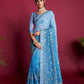 Vamsee Blue & White Georgette Designer Saree - Swadesiicart
