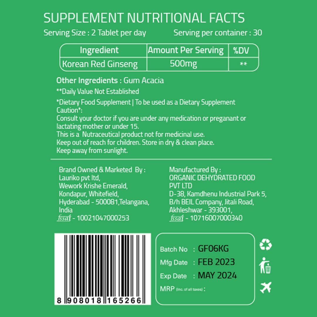 Laurik Koren Red Ginseng 1000Mg Tablets For Men | Natural Plant-Based Supplement For Energy & Stamina | Swadesiicart