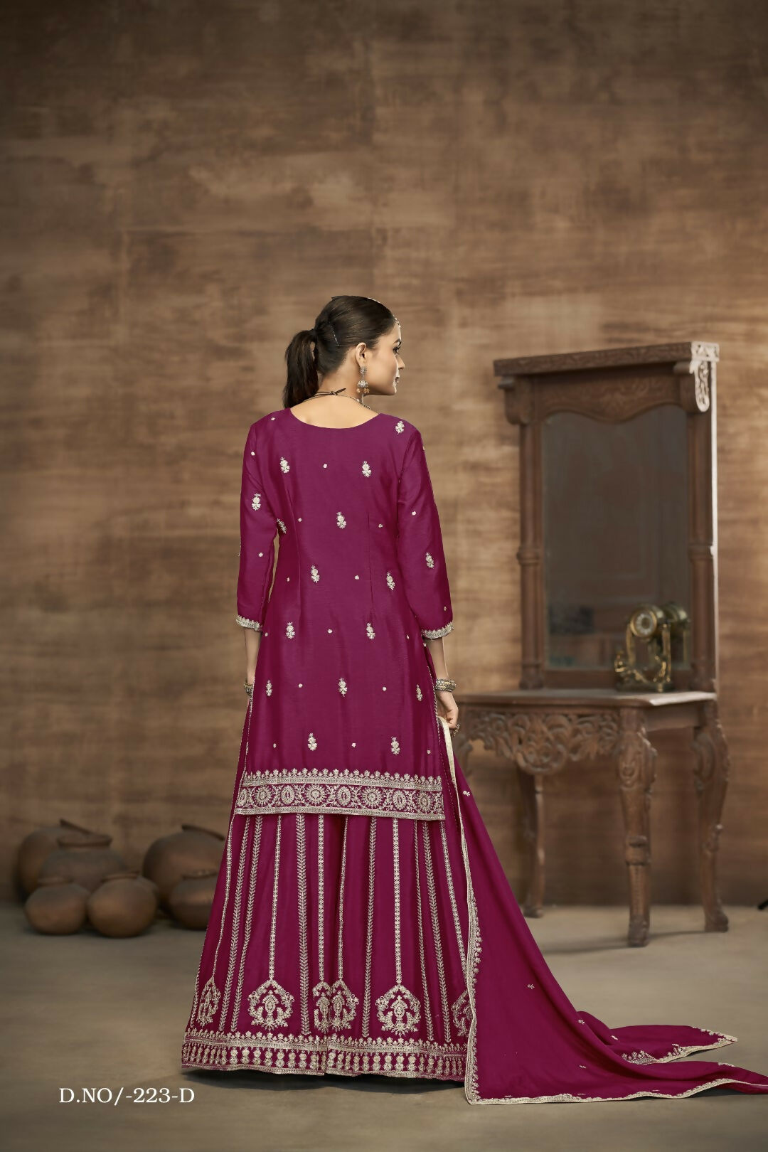 Anaita Wine Chinon Silk Embroidered Stitched Sharara Suit