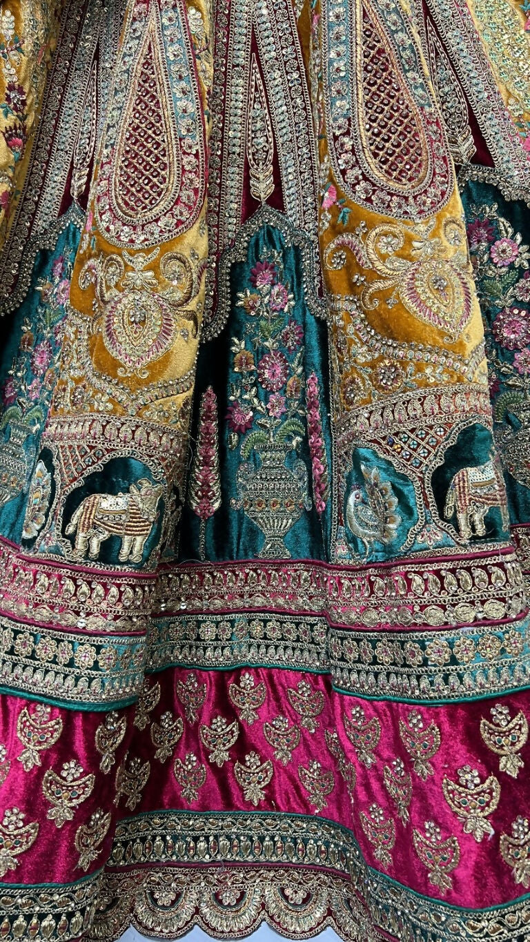 Jyoti Fashion Women's Mustard Velvet Multi Thread Embroidered, Patch Work with Zircon Diamond Wedding Lehenga Choli | Swadesiicart