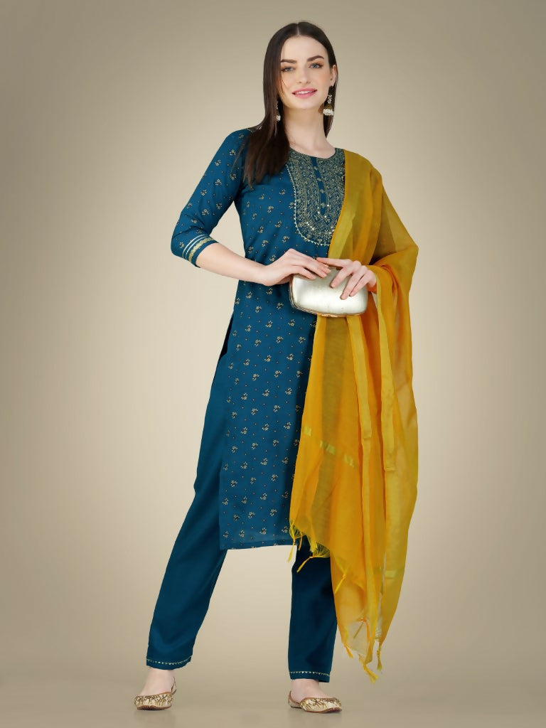 Jyoti Fashion Women's Morpich Cotton Magic Slub Embroidery & Sequence work Kurta with Trouser & Dupatta | Swadesiicart
