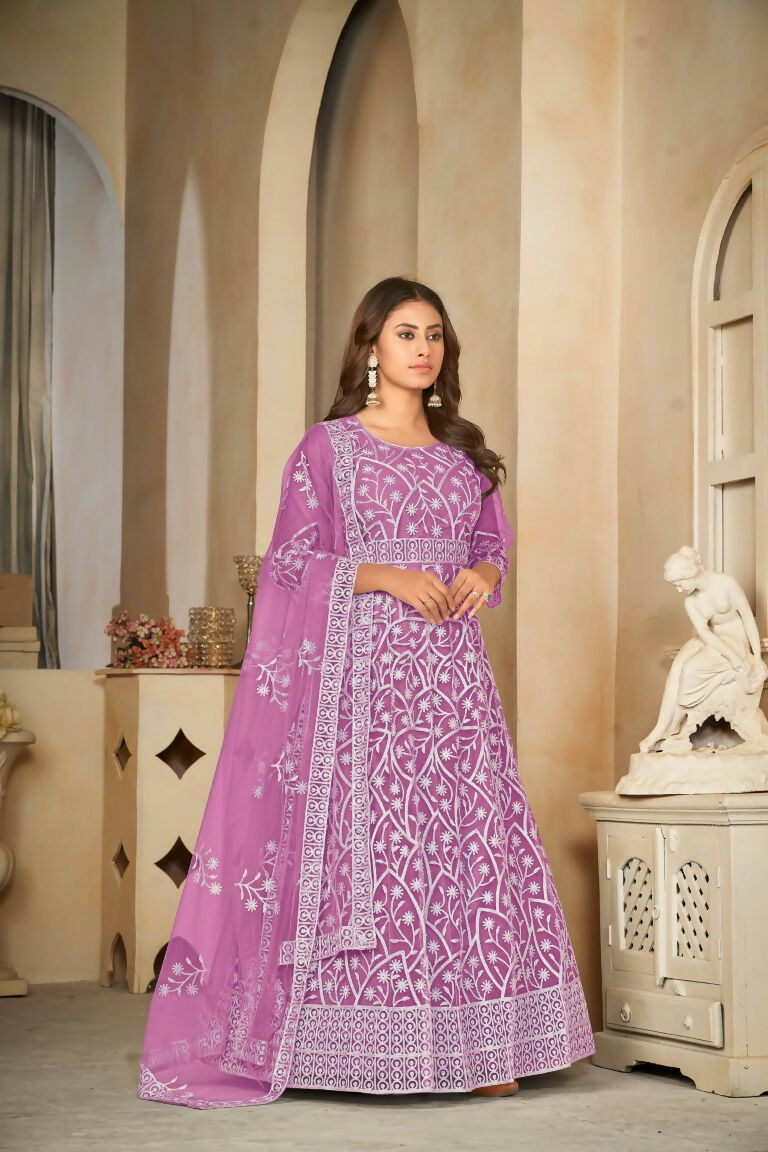 Jyoti Fashion Women's Purple Net Embroidered Anarkali Kurta Pant Set With Dupatta | Swadesiicart
