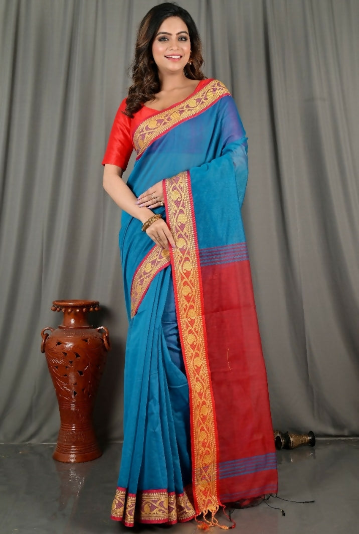 Exclusive Collection Beautiful Khadi Cotton Sky Blue Handloom Saree - Swadesiicart