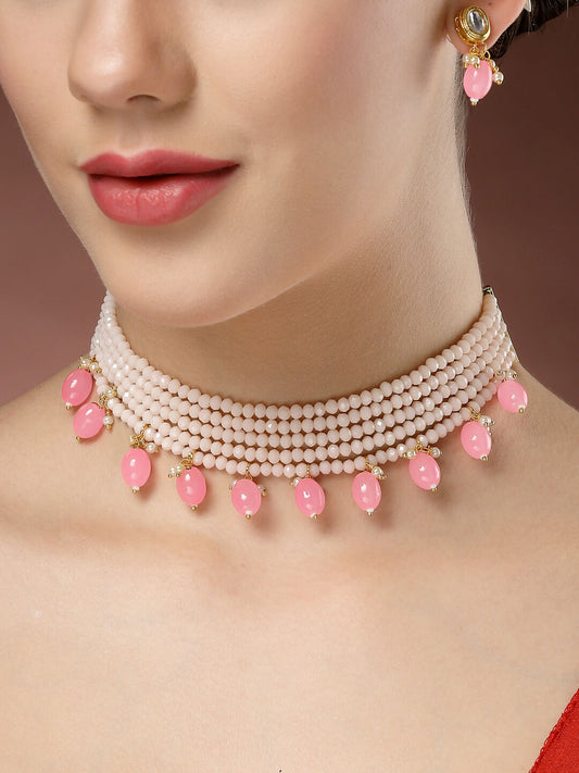 NVR Women's Pink Artificial Beads Layered Necklace with Drop Earring - Swadesiicart