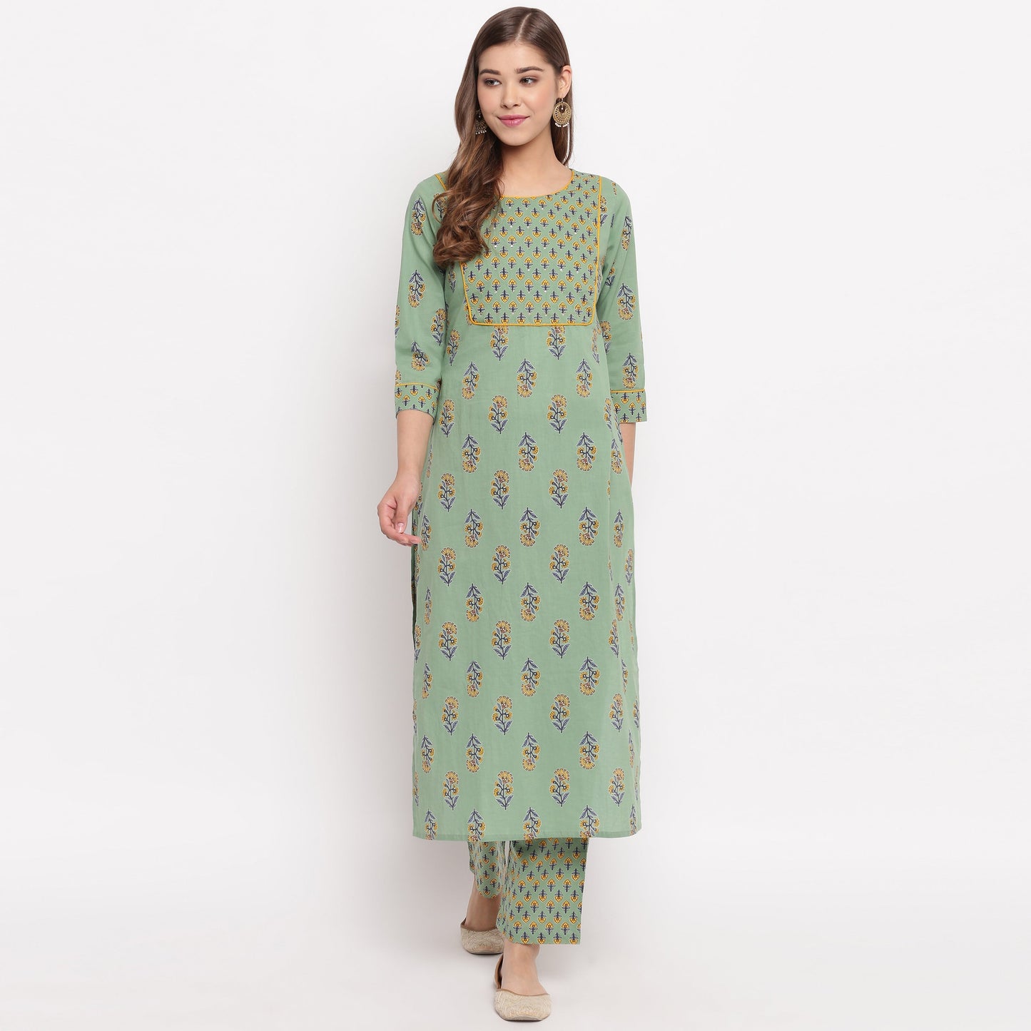 NOZ2TOZ Women's Floral Print Straight Cotton Pista Kurta With Palazzo - Swadesiicart