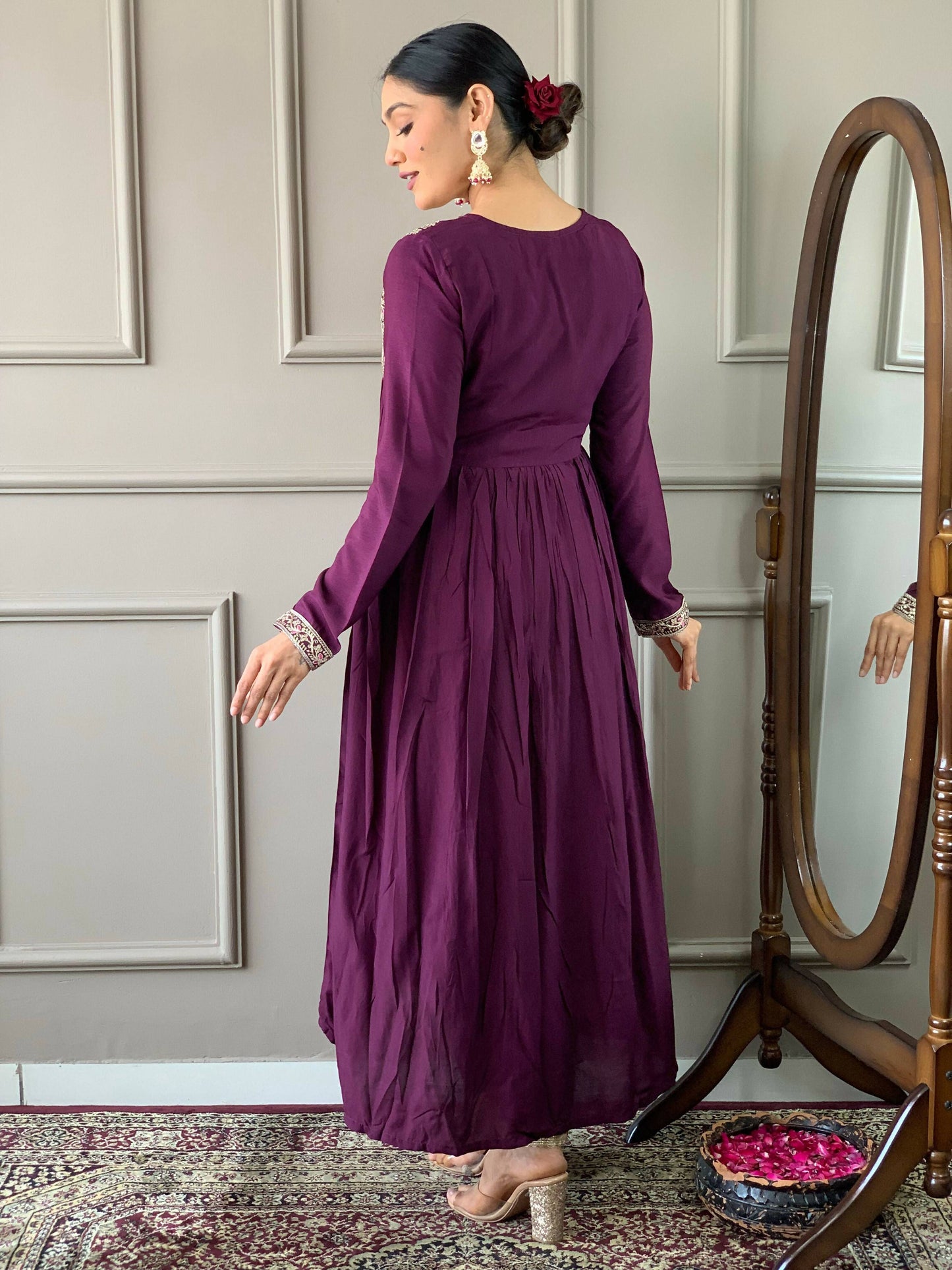 Partywear Designer Viscose Wine Stitched Suit With Dupatta - Tanisha | Swadesiicart
