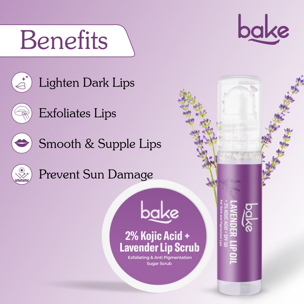 Bake Kojic Acid Lavender Lip Kit With Lip Balm SPF 50 & Lip Scrub For Dark & Pigmented Lips | Swadesiicart