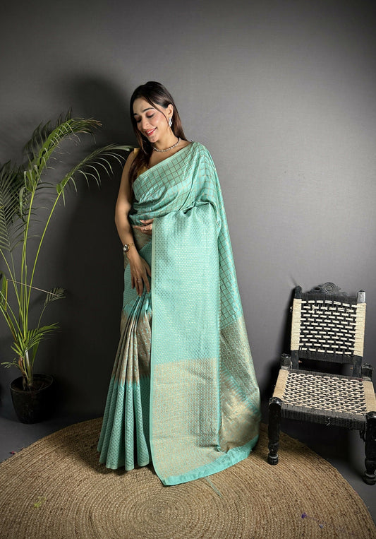 Joban Fashion Light Blue Banarasi Soft Lichi Silk Checks & Woven Saree | Swadesiicart