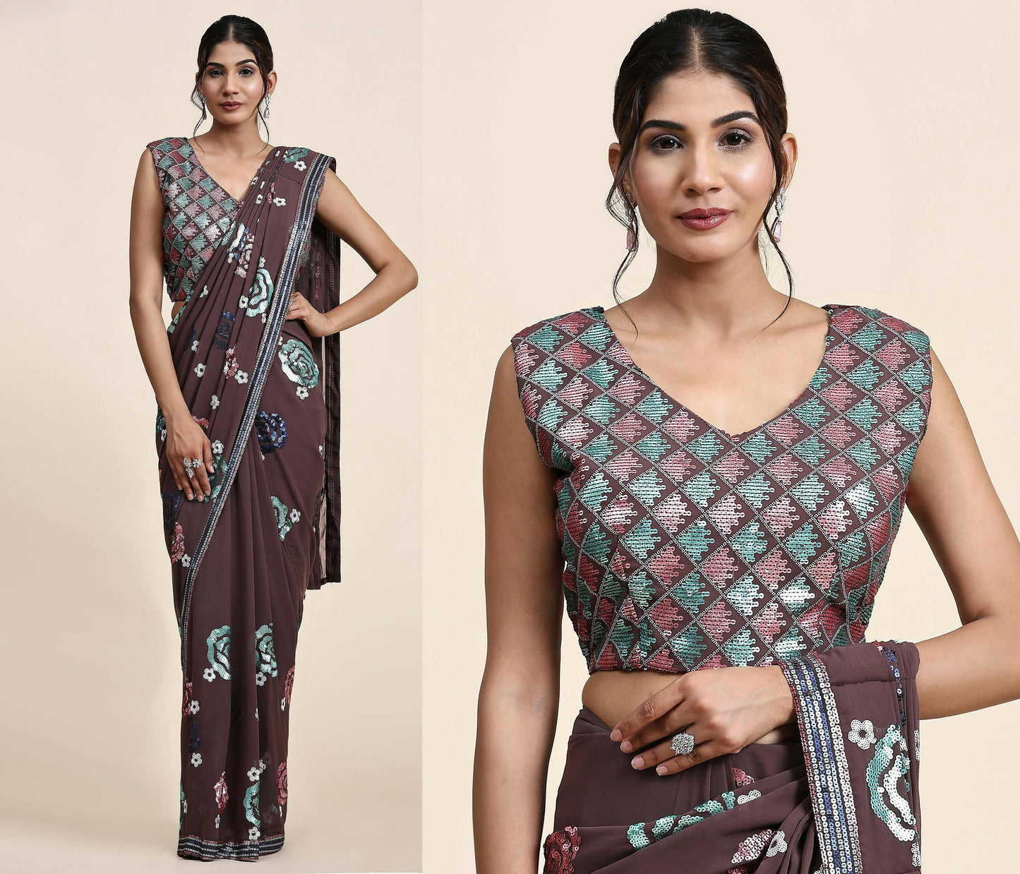 Brown Pure Georgette Sequence work Ready to wear Saree with stitched Blouse - Nirvana | Swadesiicart