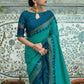 Vishnu Weaves Women's Teal Raw Silk Checks Zari Woven Saree with Unstitched Blouse - Swadesiicart