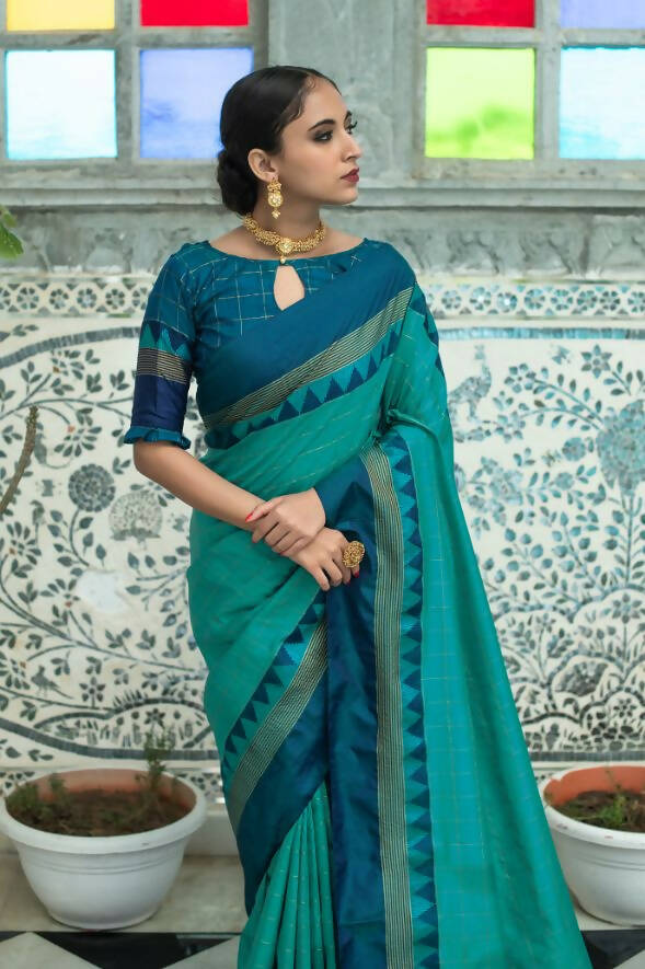 Vishnu Weaves Women's Teal Raw Silk Checks Zari Woven Saree with Unstitched Blouse - Swadesiicart