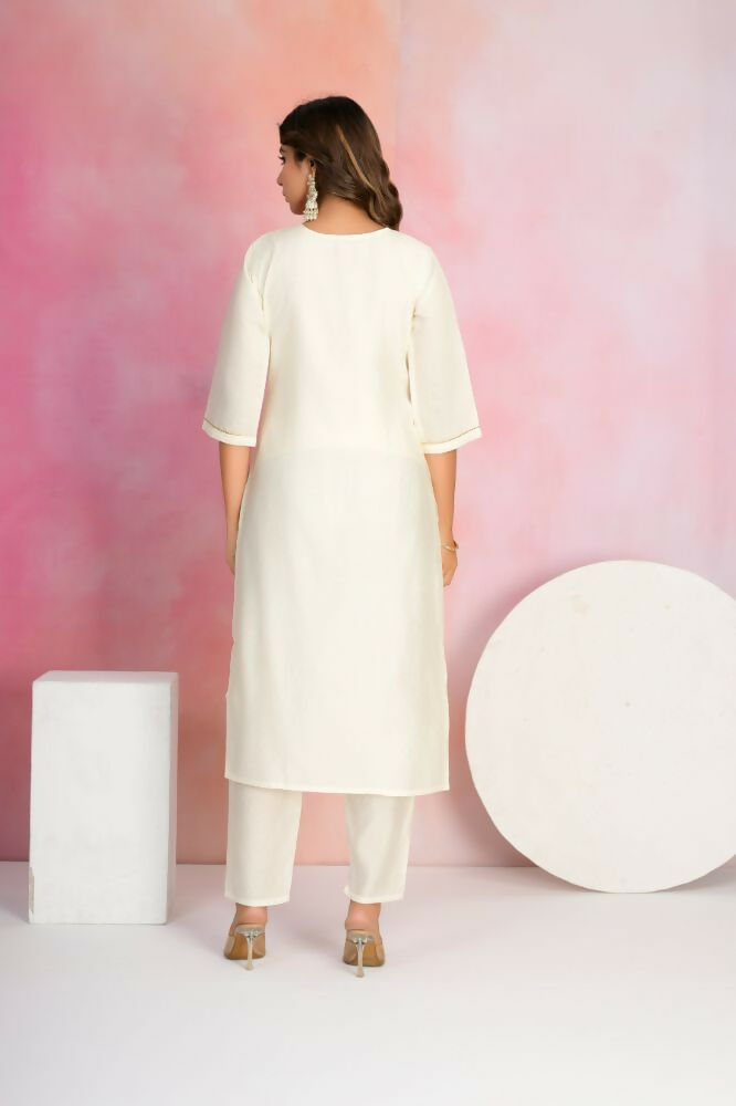 Ethnic Festive Wear Viscose Chanderi Off White Stitched Suit With Dupatta - Tanisha | Swadesiicart