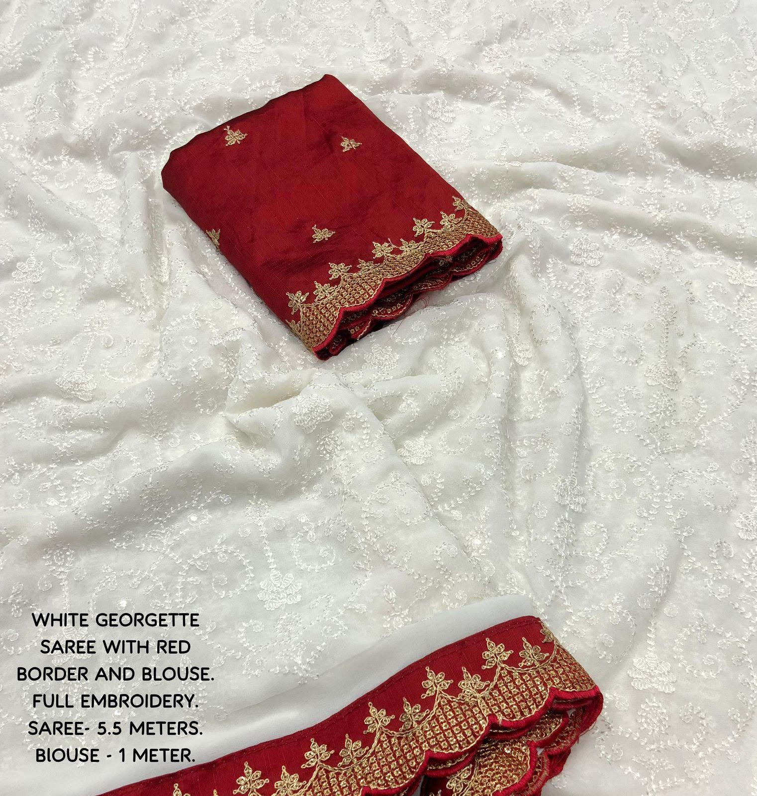 White Pure Georgette Woven Design Saree with Unstitched Blouse - Hiral Fashion | Swadesiicart