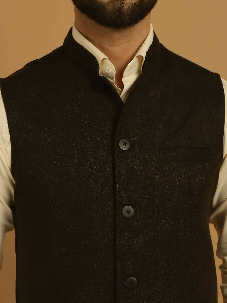 Even Apparels Pure Wool Nehru Jacket - Brown | Swadesiicart