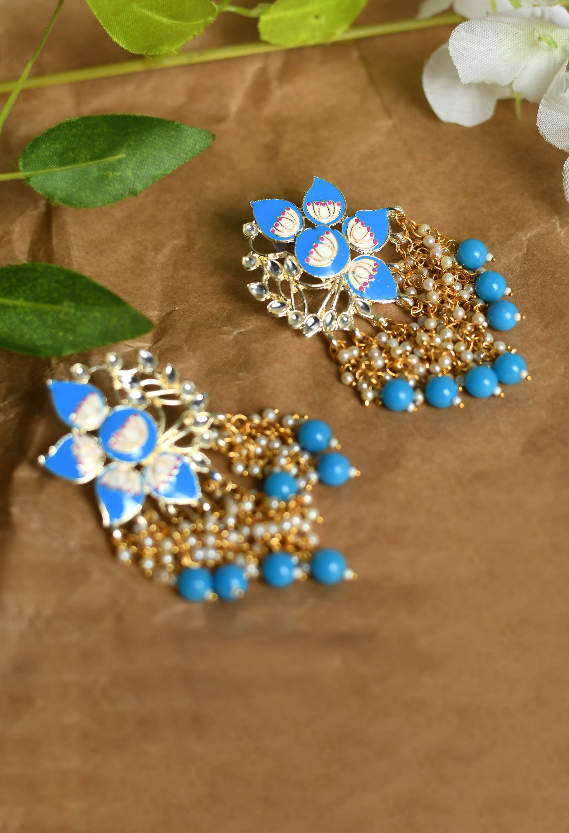 Mominos Fashion Johar Kamal Gold-Polished Kundan Sky Blue Meenakari Earrings - Swadesiicart