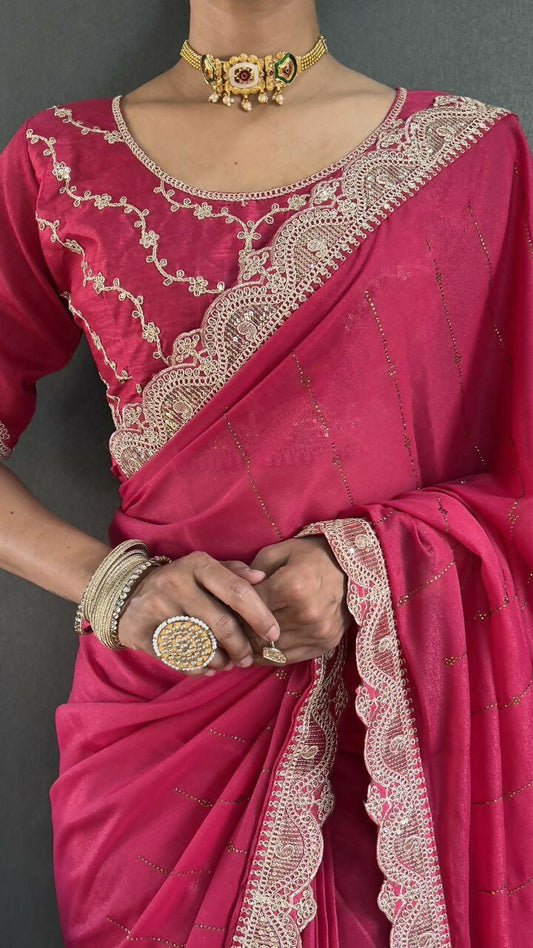Vastranavya Pink Georgette Silk Swarovski & Heavy Lace Work Ready to Wear Saree | Swadesiicart
