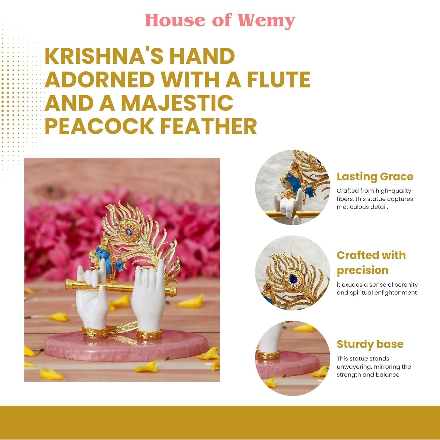 House Of Wemy Gold-Polished Lord Krishna Hands Idol with Flute, Face and Pecock Feather - Swadesiicart