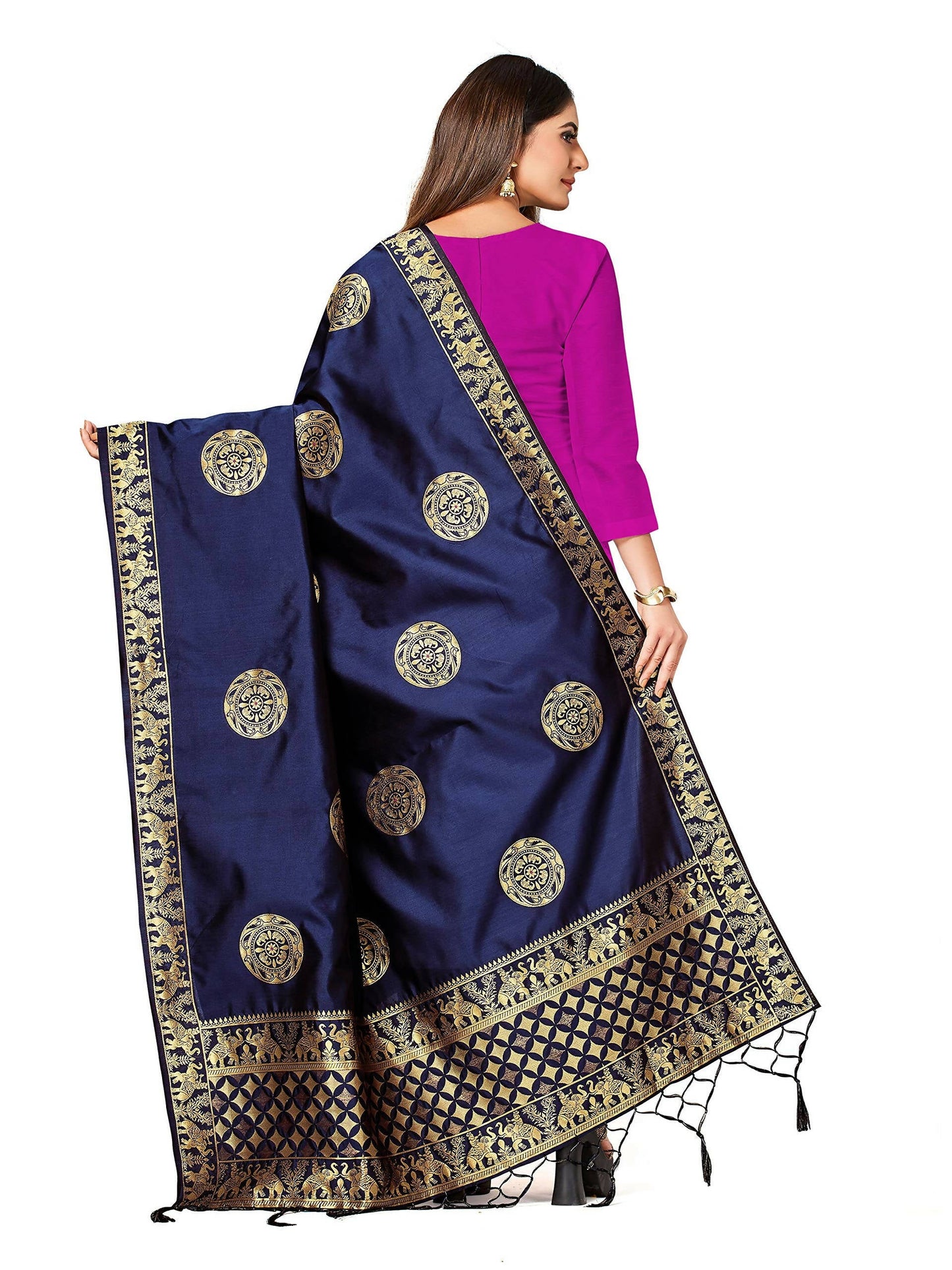 Mimosa Women's Banarasi Art Silk Navy Dupatta | Swadesiicart