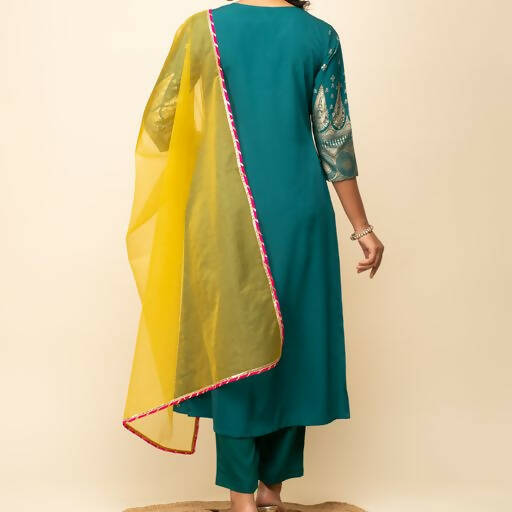 FIORRA Women's Teal Blue Crepe A-Line Kurta Pant with Dupatta - Swadesiicart