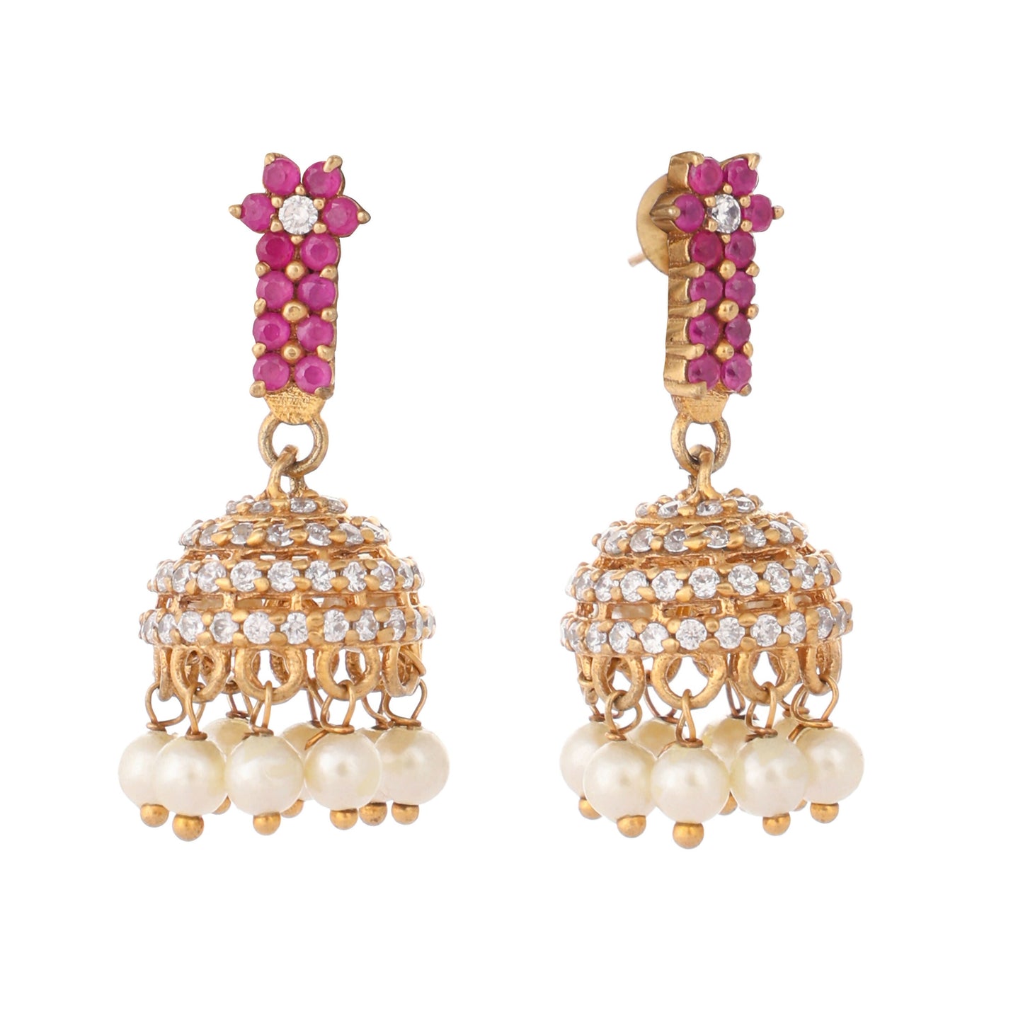 Nuyug 22K Gold Plated Pearl 7 Colored Stone Studded Contemporary Shaped Pink Mini Jhumkas | Swadesiicart