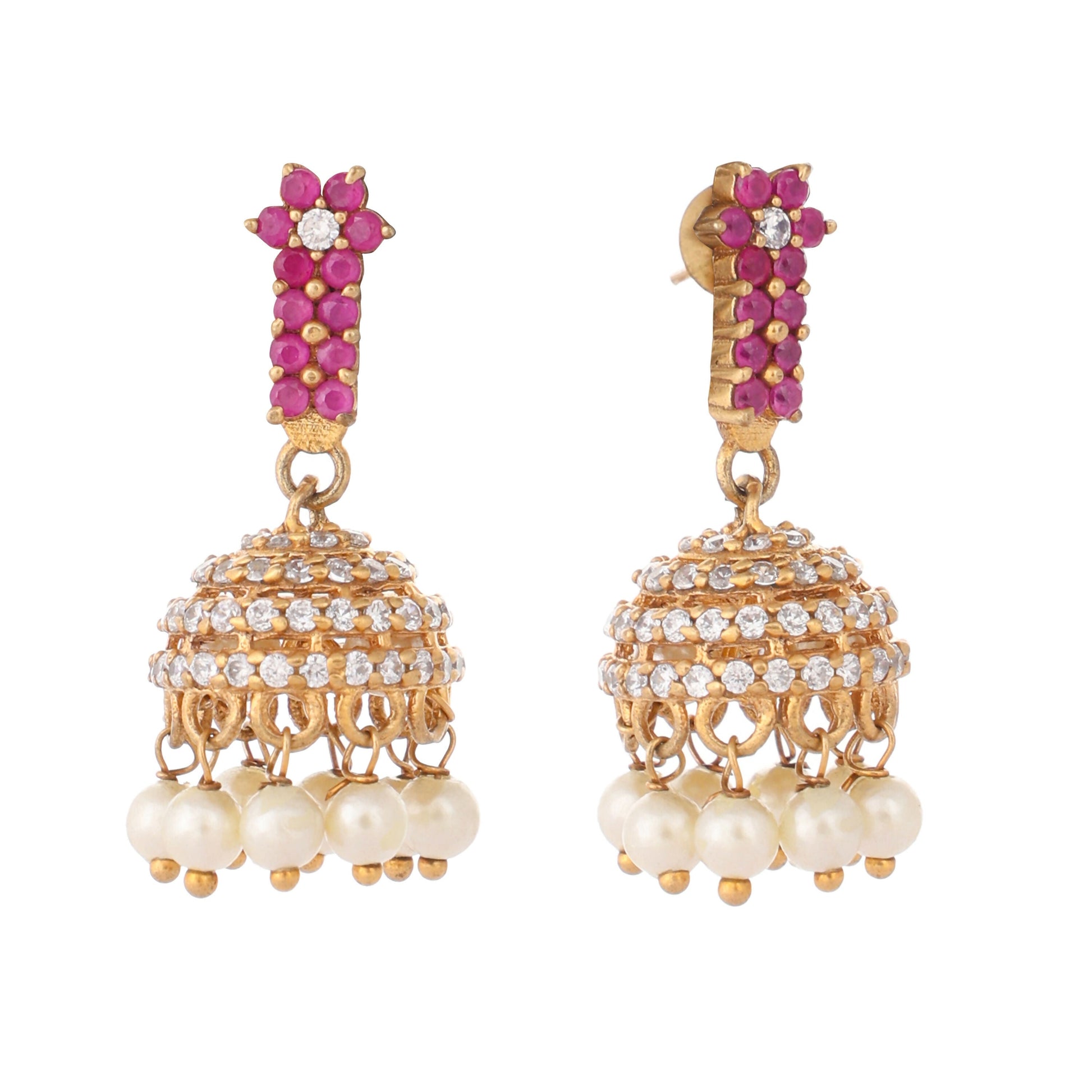 Nuyug 22K Gold Plated Pearl 7 Colored Stone Studded Contemporary Shaped Pink Mini Jhumkas | Swadesiicart