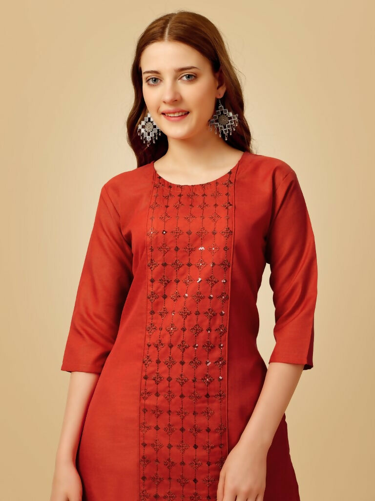 Jyoti Fashion Women's Rust Cotton Blend Embroidered Kurta Pant Set | Swadesiicart