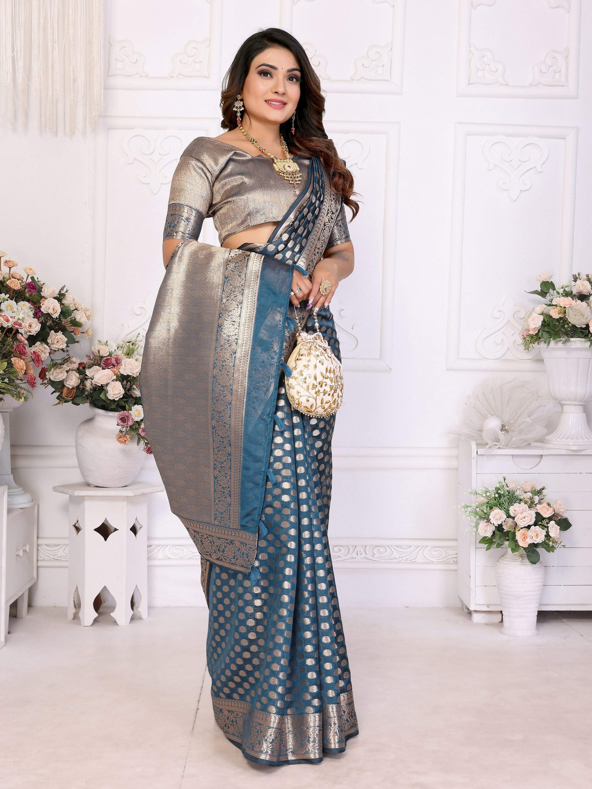 Aastha Fashion Teal Organza Silk Weaving Saree