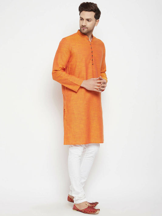 Even Apparels Orange Pure Cotton Long Men's Kurta With Band Collar | Swadesiicart