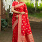 Vishnu Weaves Women's Red Banarasi Silk Floral Zari Woven Saree with Unstitched Blouse - Swadesiicart