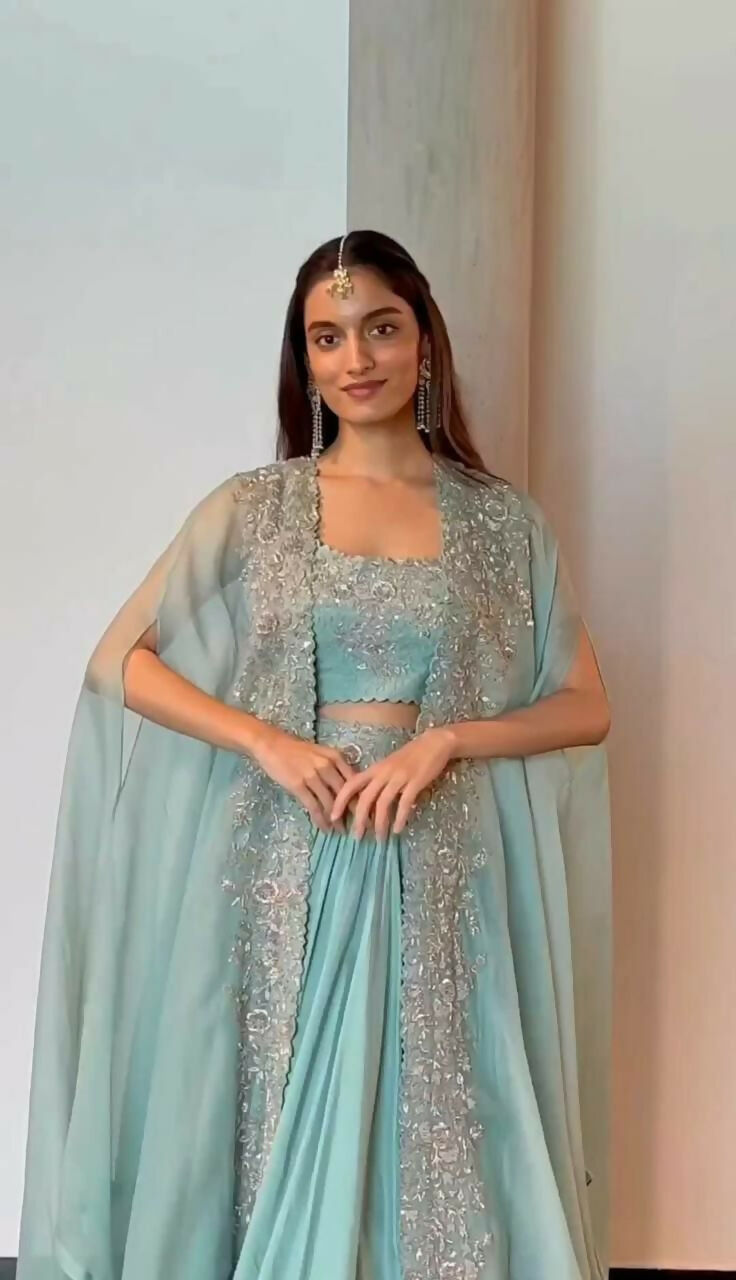 Jyoti Fashion Women's Sky Blue Chinon Sequins with Thread Embroidered Designer Lehenga Choli with Shrug Set | Swadesiicart