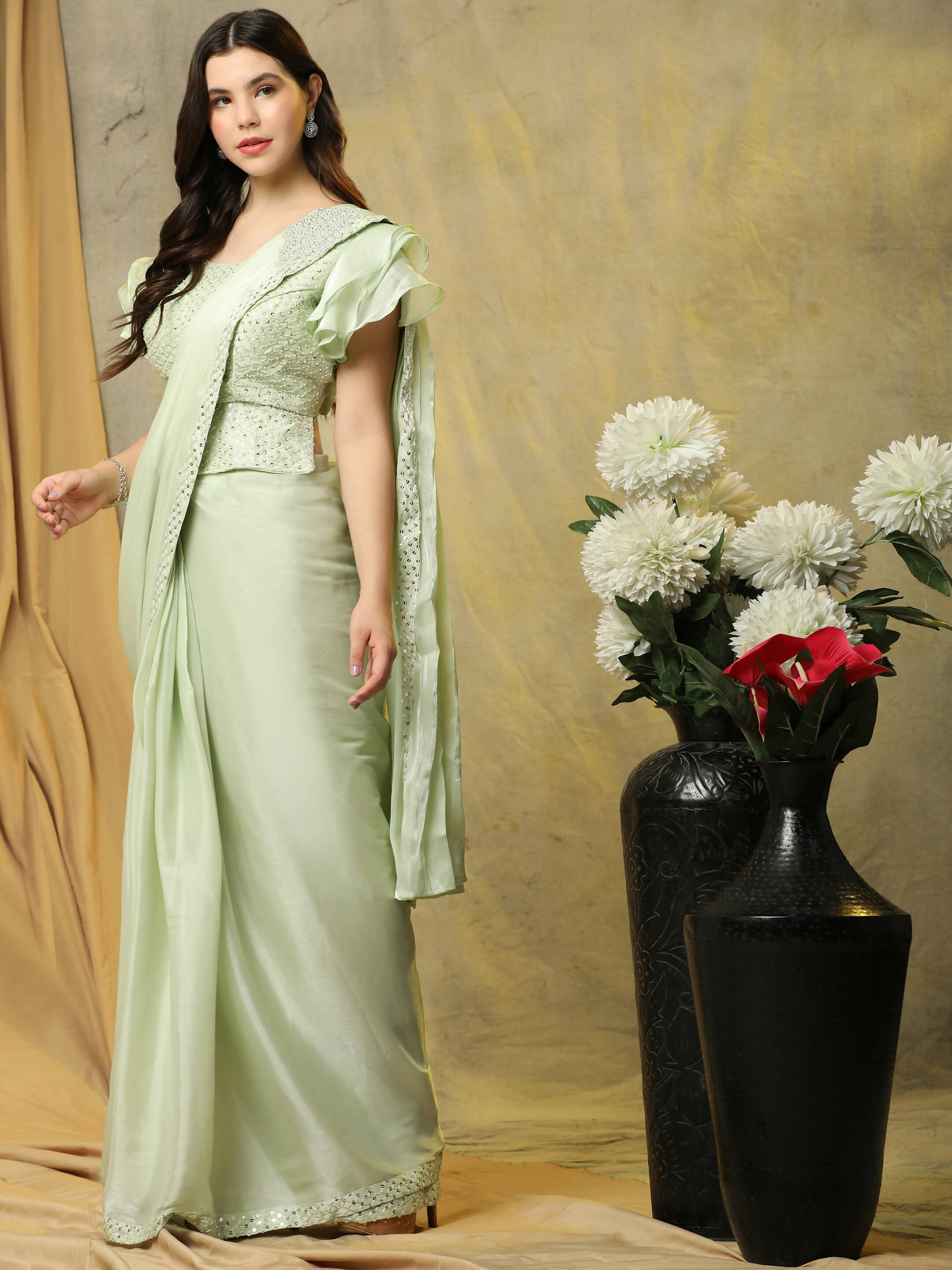 Light Green Silk Satin Sequence Work Ready to Wear Saree with stitched Blouse - Nirvana | Swadesiicart
