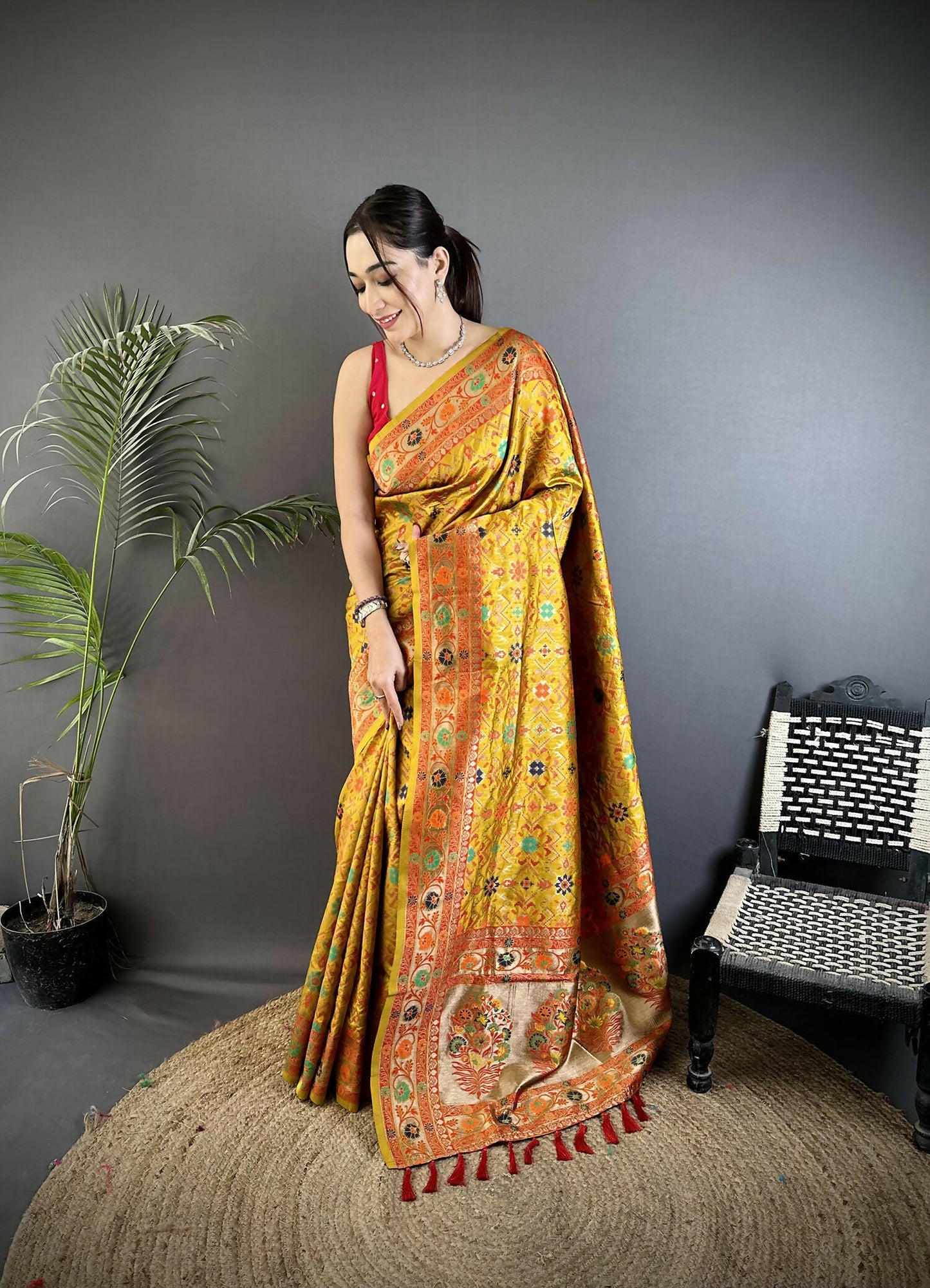 Joban Fashion Golden Yellow Banarasi Soft Silk Woven Saree | Swadesiicart